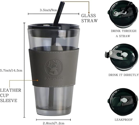 Stylish Glass Coffee Mug with Lid & Straw (450ml)