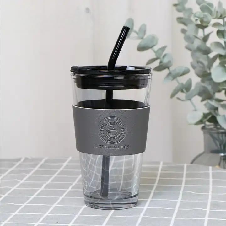 Stylish Glass Coffee Mug with Lid & Straw (450ml)