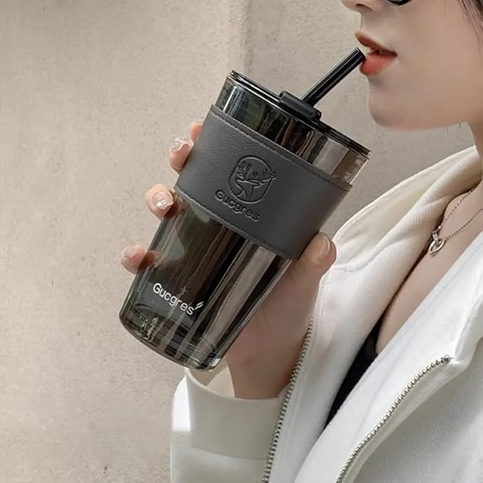 Stylish Glass Coffee Mug with Lid & Straw (450ml)