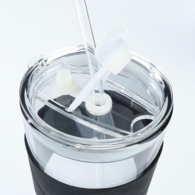 Stylish Glass Coffee Mug with Lid & Straw (450ml)