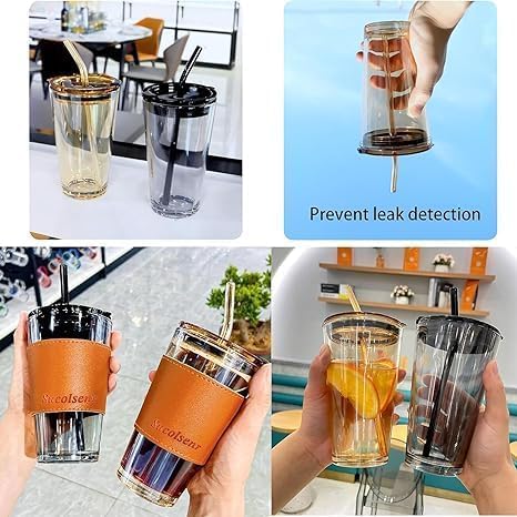 Stylish Glass Coffee Mug with Lid & Straw (450ml)