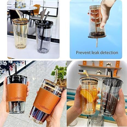 Stylish Glass Coffee Mug with Lid & Straw (450ml)