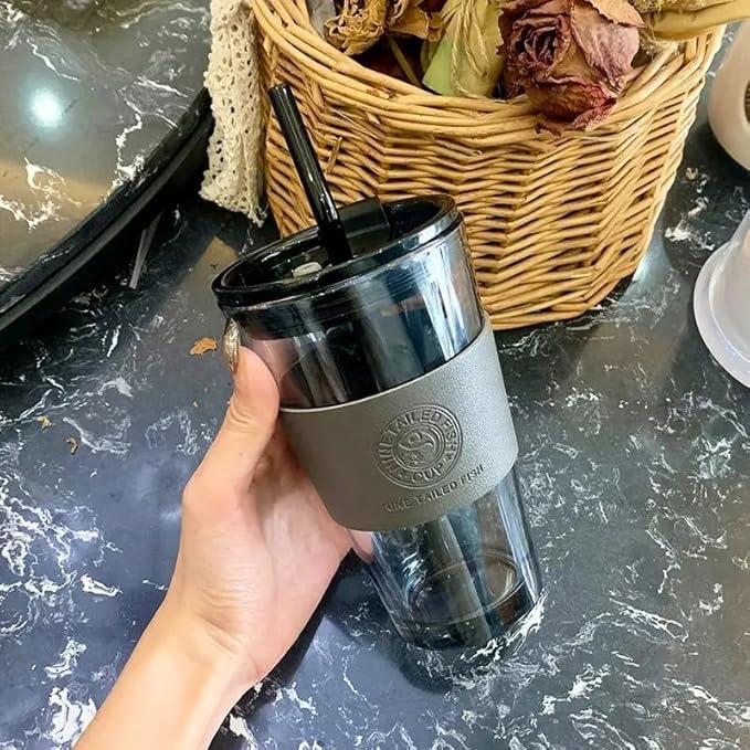 Stylish Glass Coffee Mug with Lid & Straw (450ml)