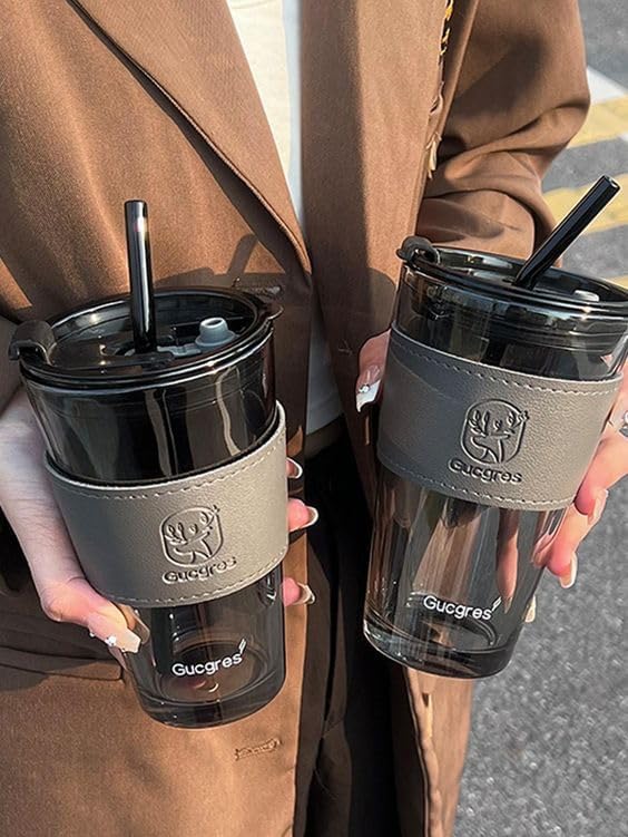 Stylish Glass Coffee Mug with Lid & Straw (450ml)