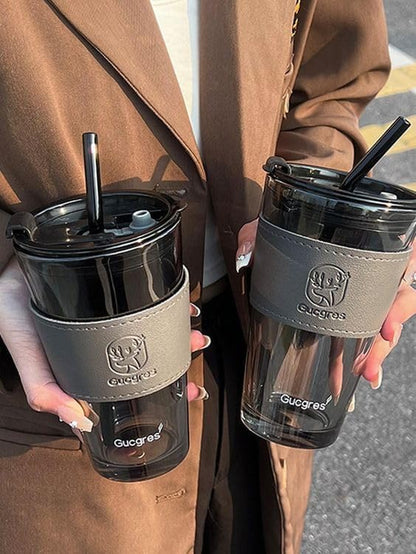 Stylish Glass Coffee Mug with Lid & Straw (450ml)